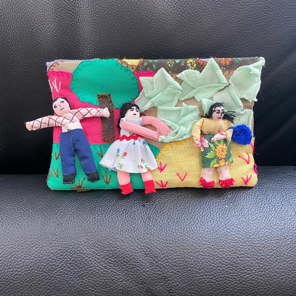 Handmade Peruvian doll quilted patchwork village scene zipper wallet